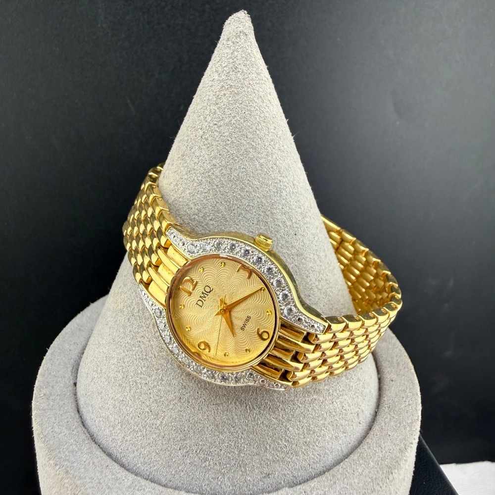 Vintage DMQ Wristwatch Gold Tone CZ Accents Swiss Movt 7"